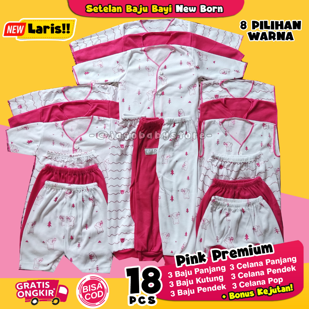 18 Pcs Setelan Celana Baju Bayi Newborn paket lahiran warna pink motif cewek