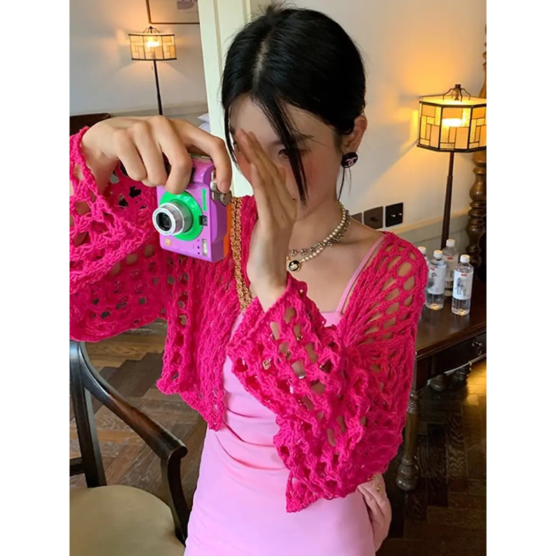 JESLYN Atasan Crop Jaring Rajut Sweater Wanita korea