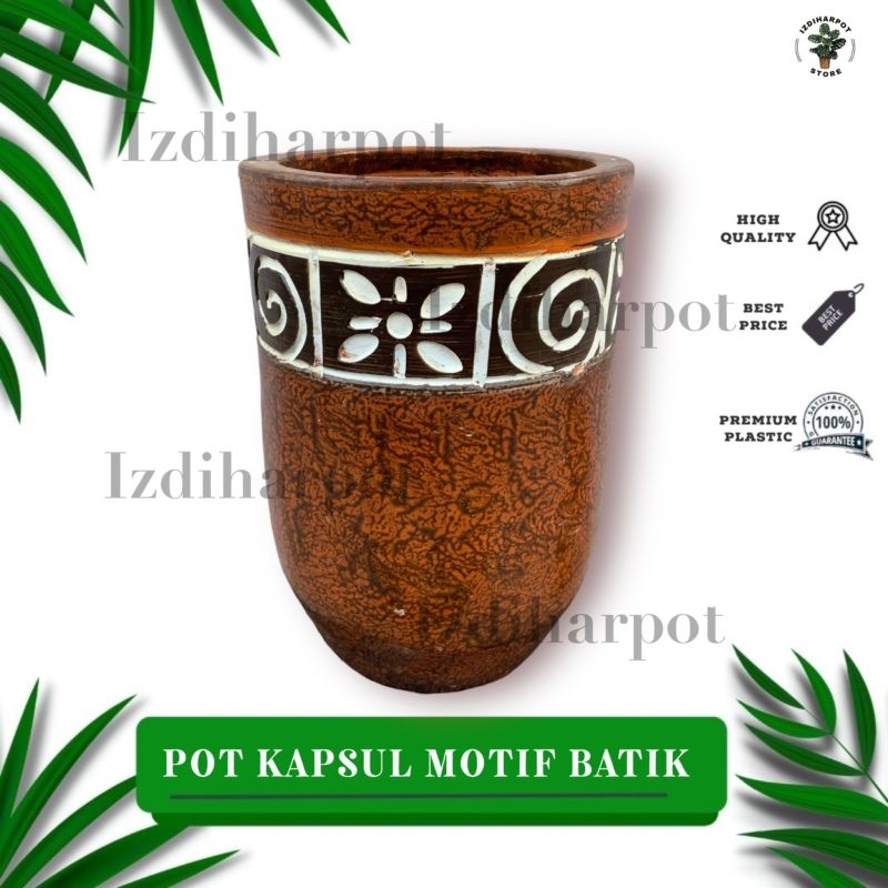 POT BUNGA TANAMAN GERABAH TANAH LIAT KAPSUL TINGGI MOTIF BATIK COKELAT D21 T30 - KAPSUL BATIK COKELAT