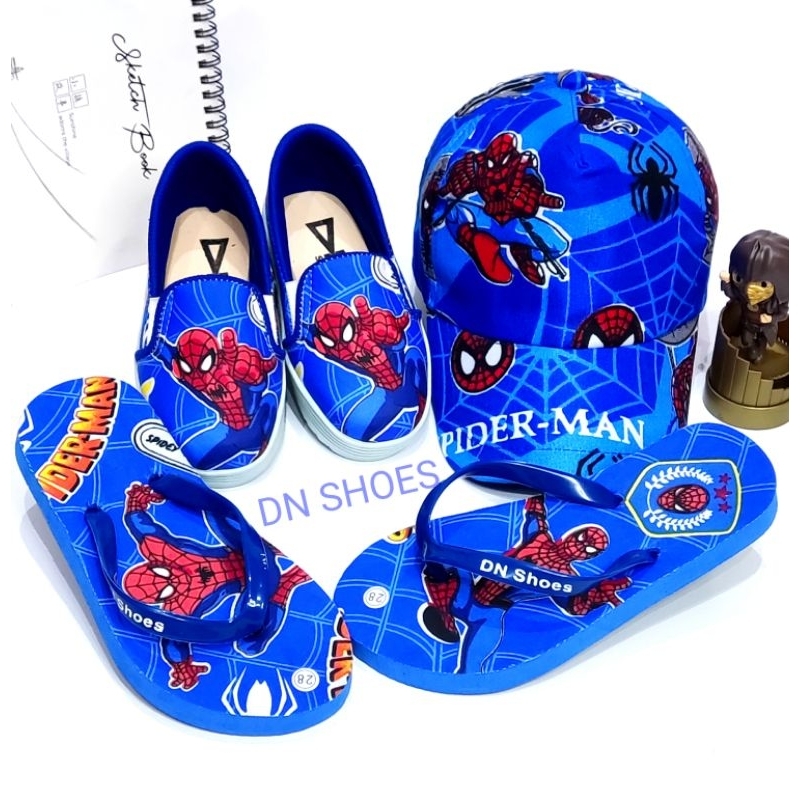 Paket Topi Anak Laki Laki Sandal Anak Cowok Motif Spiderman Biru Keren 1 - 8 tahun