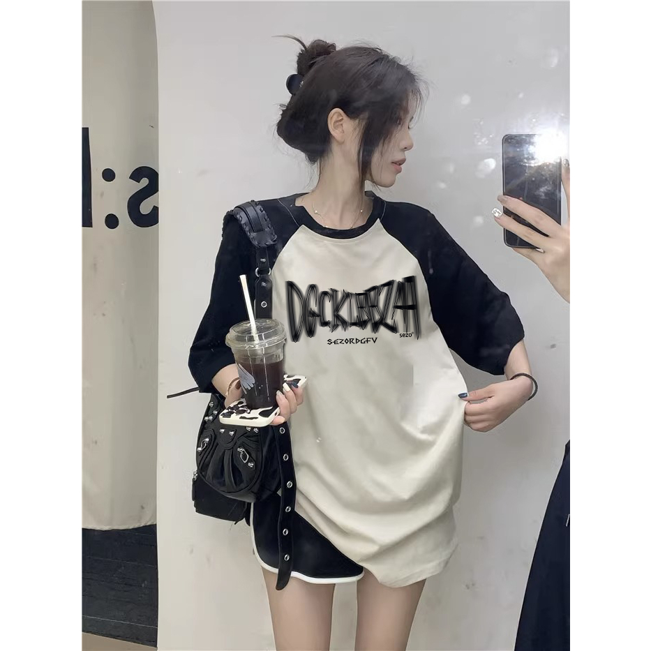 Baju Kaos Wanita Retro Lengan Raglan Oversize Letter Motif Graffiti T-Shirt Kekinian Import Kaos Basic