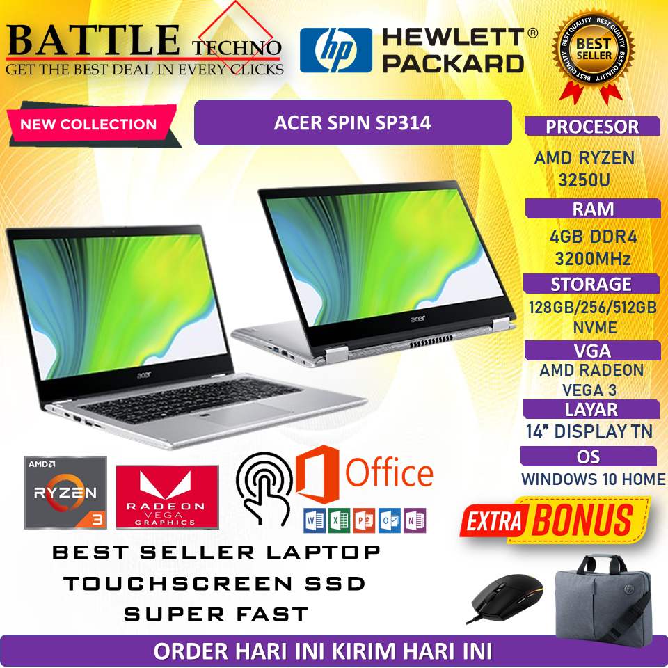 Laptop Sekolah Acer Spin SP314 2IN1 AMD RYZEN 3 3250U 4GB SSD 512GB