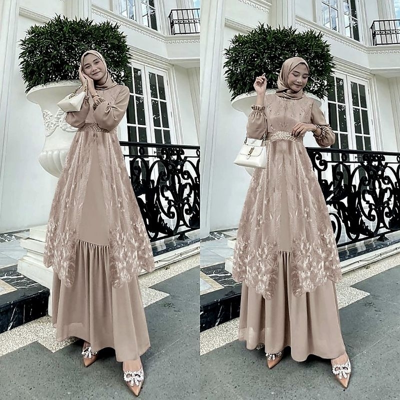 TerBaru Mona Gamis Rompi Outer Brukat Mewah Maxi  Set Dress Jumbo Seragam Pesta Kondangan Modern