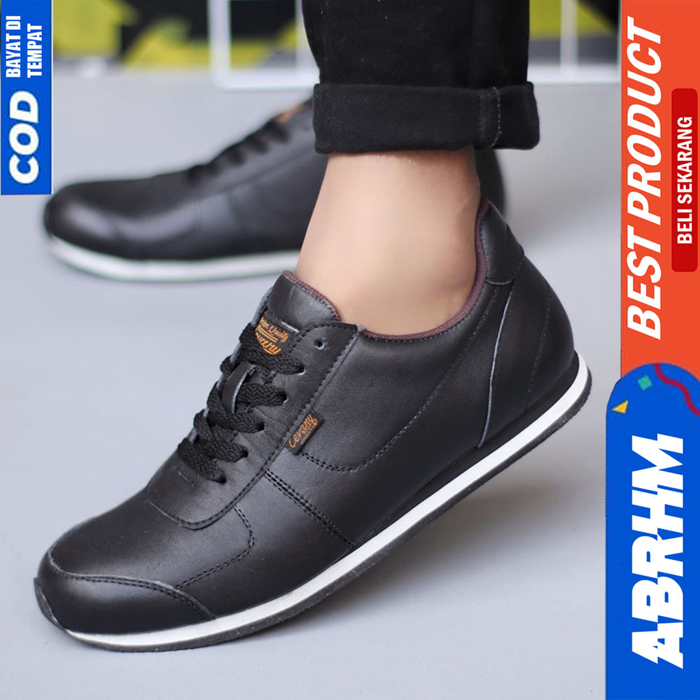 ABRHM Sepatu Casual Sneakers Hitam Kulit Asli Kerja Pria