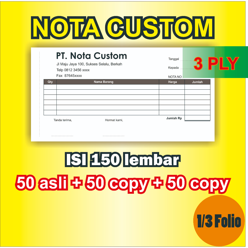 

Nota Custom 1/3 Folio 3 PLY Cetak Custom Nota Rangkap Toko Cafe Kantor Laundry