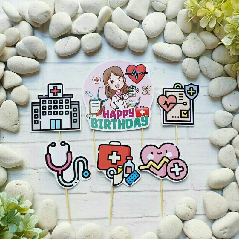 satu set cake topper hiasan kue ulang tahun karakter dokter wanita / dokter perempuan