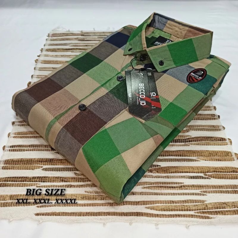 Kemeja Katun Jumbo kotak kotak lengan pendek pria dewasa