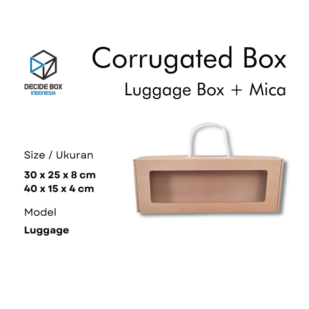 

Decide Box Indonesia - Kardus / Corrugated Box Luggage Box Model / Kotak Kado Hampers Model Luggage Box + Jendela Mika.
