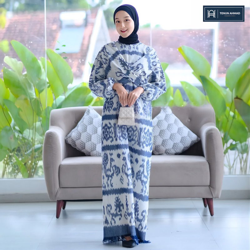 TENUN AHMAD Meyra Dres Gamis Tenun etnik Motif Sumba Premium Navywhite