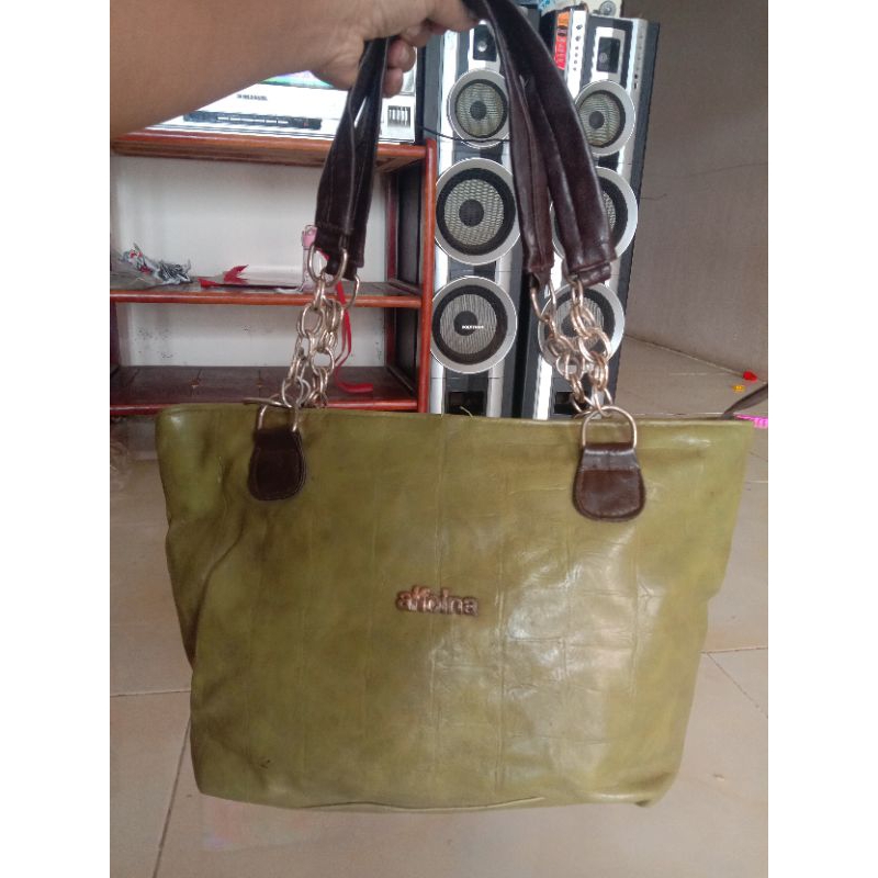 tas wanita second preloved Monza Tote bag hijau bahan sinte