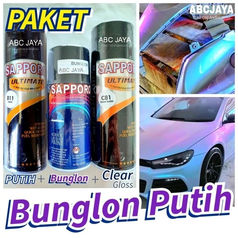 PAKET Cat Pilok Sapporo B11 White Putih + 7724 Bunglon Blue Violet Ungu Biru + C81 Clear Gloss Sapor