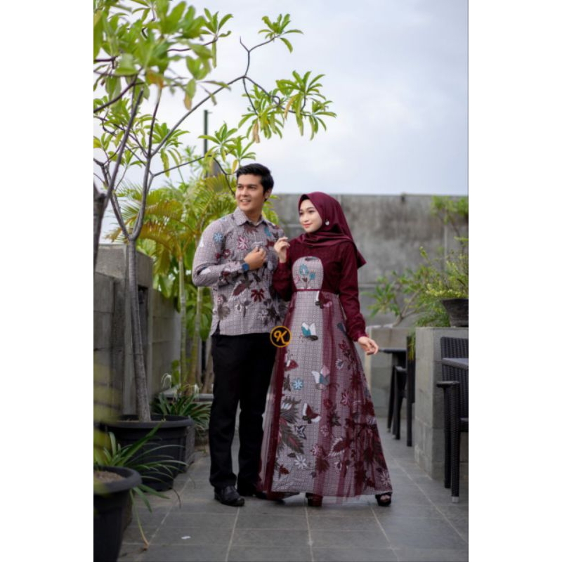 Couple Gamis Brokat Kombinasi Batik Maxmara Kemeja Pria  lengan Panjang Batik Maroon Dress Sarimbit Atasan