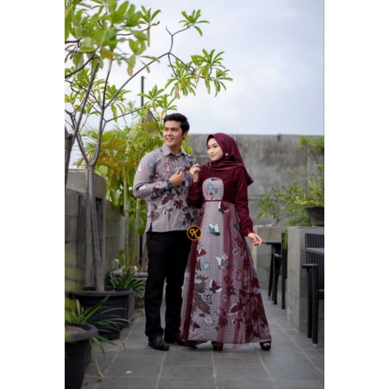 Couple Gamis Brokat Kombinasi Batik Maxmara Kemeja Pria  lengan Panjang Batik Maroon Dress Sarimbit 