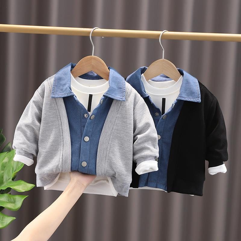 Kemeja lengan panjang anak laki laki motif denim dua layer atasan anak cowok korea usia 1 2 3 4 5 tahun KMJ DM