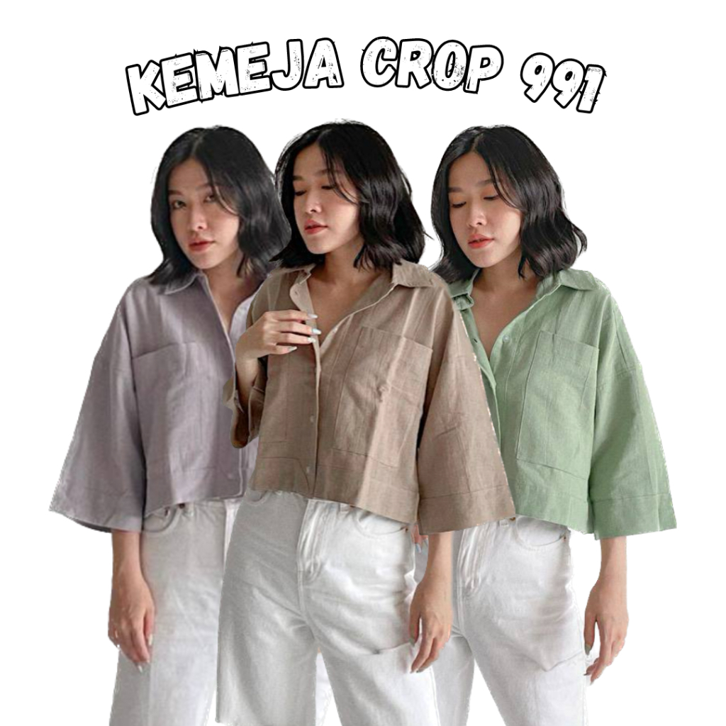 991 Kemeja Crop Linen Oversize 991 by cal.fashion Bahan Linen Angel Premium Warna Black White Olive 