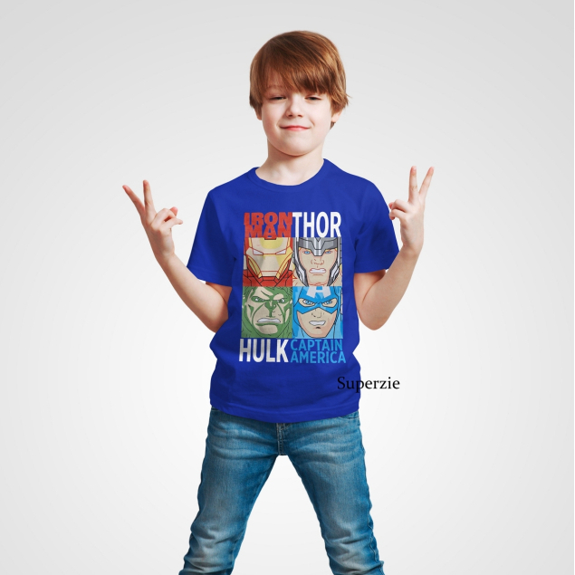 Kaos Anak Laki-Laki Kaos Distro Anak Lengan Pendek 4SUPERHERO BIRU RGKIDS