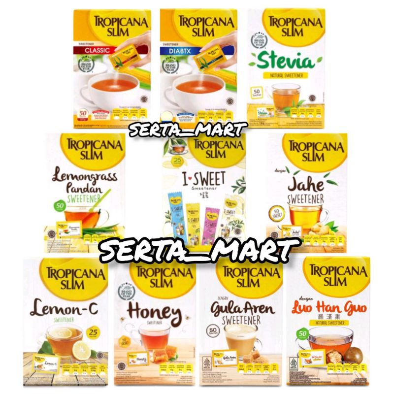 

Tropicana Slim Sweetener I Sweet / Lemon C / Classic / Stevia / Jahe / Honey / Diabix