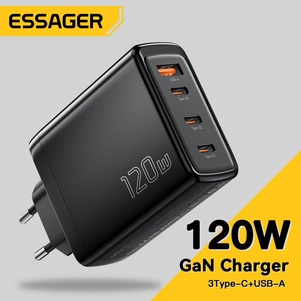 Essager Extreme Kepala Charger Adaptor Multiport 120W GaN 3 USB C + USB A Fast Charging Untuk Notebo