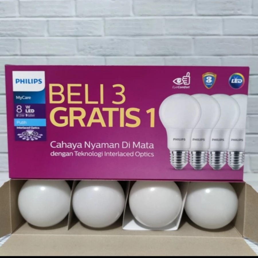 PAKET ISI 4 PROMO LAMPU LED PHILIPS 8W MYCARE MULTIPACK LED 8 WATT