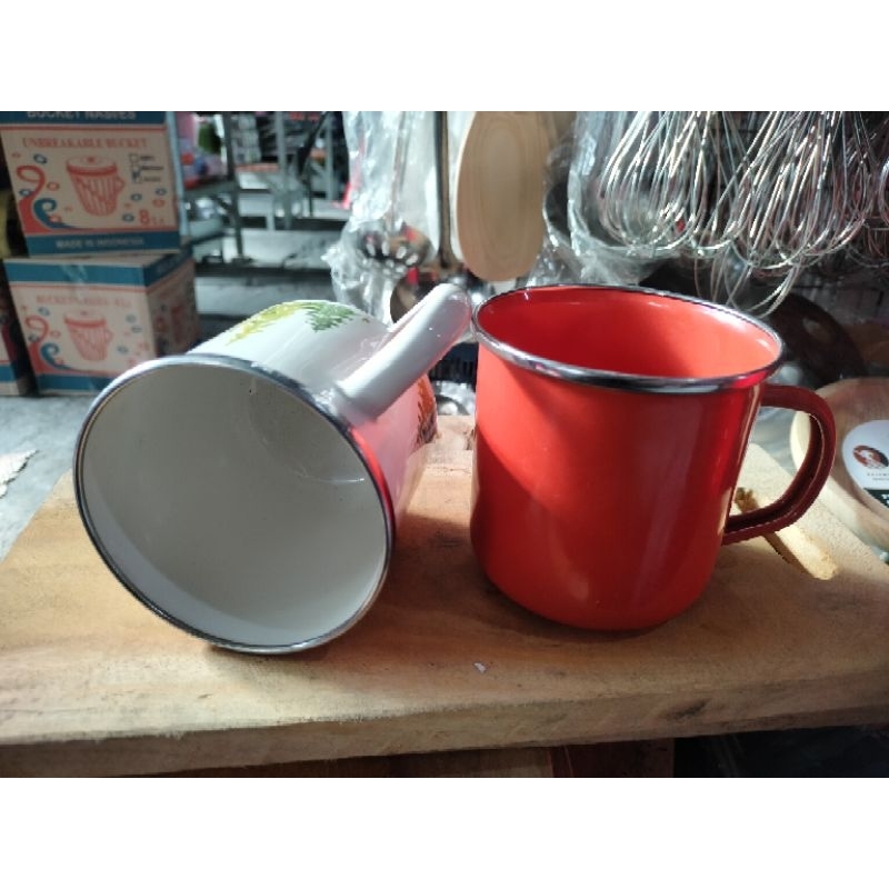 Gelas Mug Enamel Kedaung Tebal Ganggang Garis Stainless