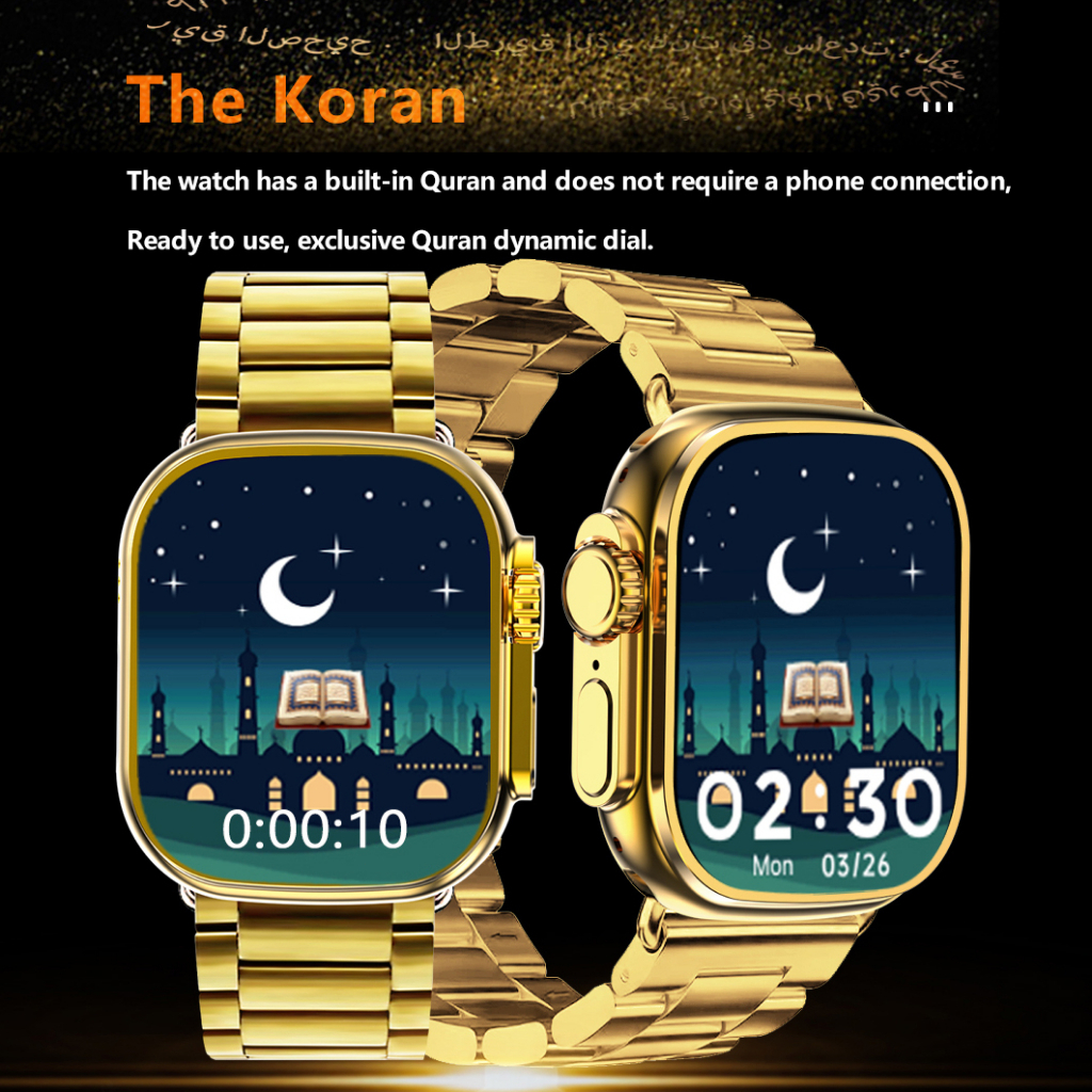 Smartwatch M9 Ultra Max 2.2 Inci Layar Sentuh 49MM Layar Penuh Emas 24K Smart Watch IP68 Tahan Air Quran Doa Ziarah Muslim Smart Watch Pria Android IOS Pria Digital Watch Bluetooth Ponsel Olahraga Permainan Wanita Smart Watch