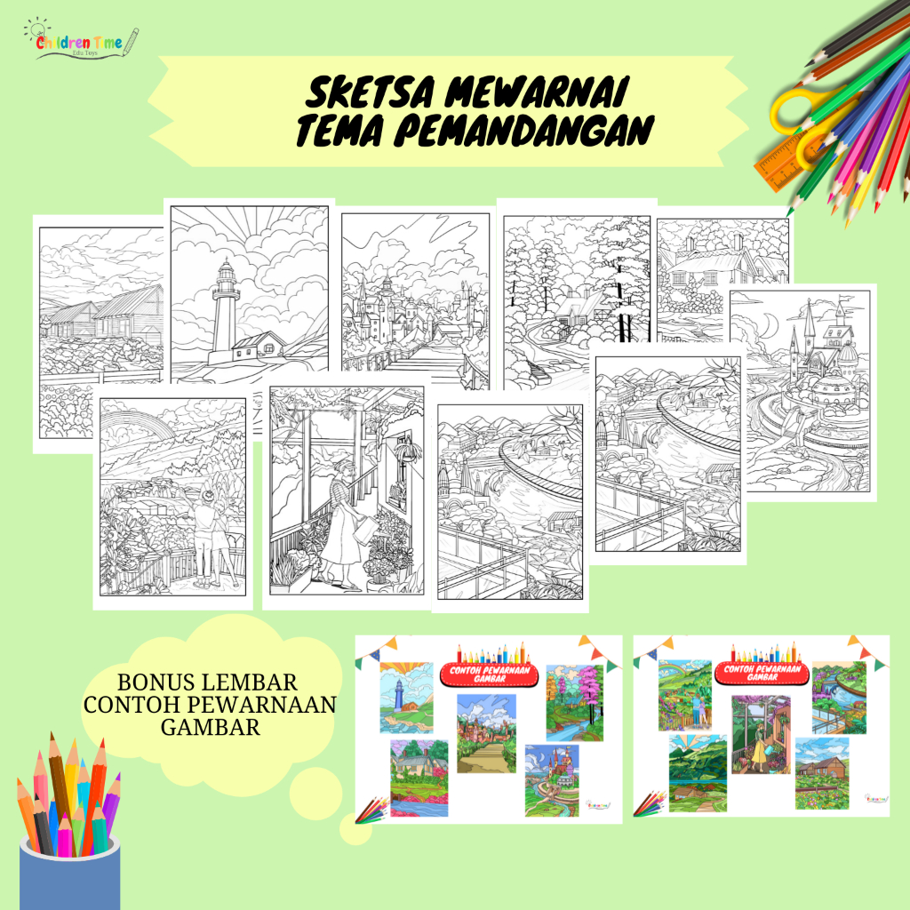 GAMBAR MEWARNAI TEMA PEMANDANGAN/SKETSA GAMBAR PEMANDANGAN/MEWARNAI