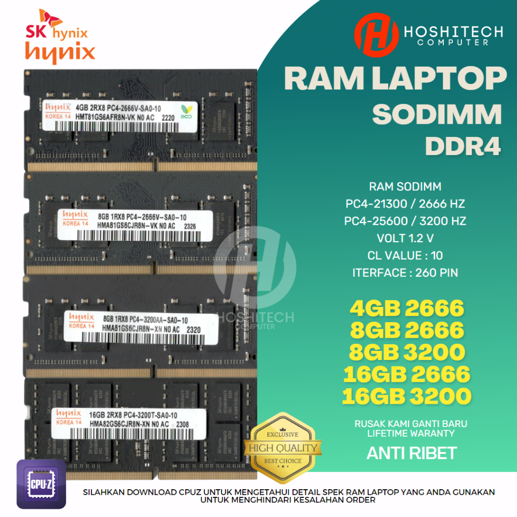 RAM LAPTOP DDR4 4GB 8GB 16GB HYNIX SODIMM 3200MHZ / 2666Mhz LIFETIME