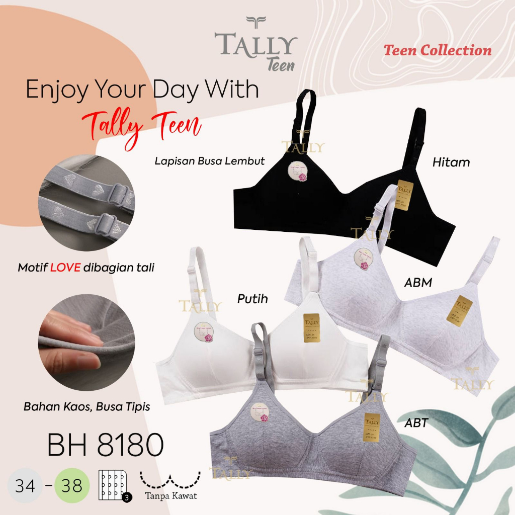 BH 8180 TALLY - TALLY BRA BH 8180 | TANPA KAWAT | BUSA TIPIS | CUP B KECIL | KAIT 3 | SIZE 34 - 38  
