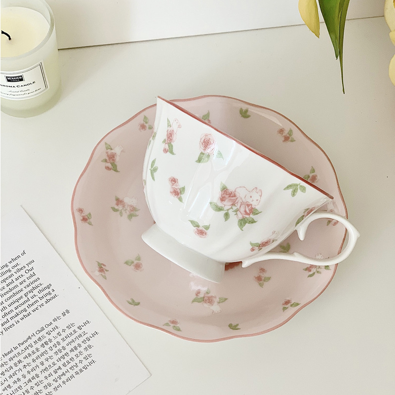 ROSES Cup & Saucer/Aesthetic Korean Style Tea Cup/Cangkir Teh Vintage/Cangkir Teh Mewah Premium/Set 