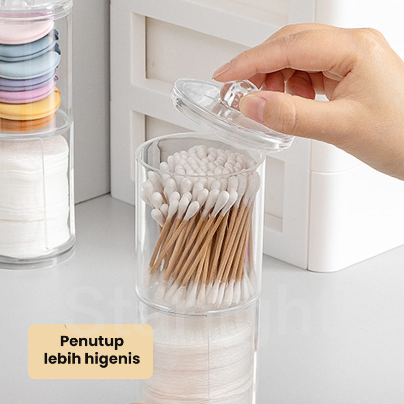 Starlight Kotak Kosmetik dengan Penutup Kayu Rak Tempat Kapas Cotton Bud Perhiasan Tempat Makeup Aksesoris Toples Cotton Bud Makeup Organizer Transparan HSB704