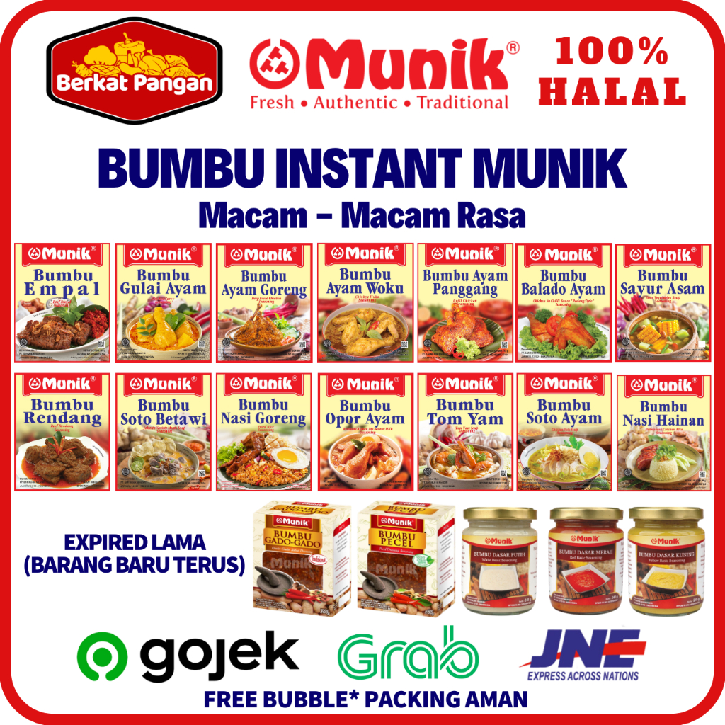 

Bumbu Instant Munik Rasa Rendang Semur Soto Betawi Sop Buntut Rawon Nasi Hainam Sayur Asam Opor Ayam Empal Soto Ayam Gado Gado Ayam Goreng Tom yam