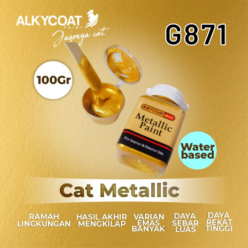 

CAT METALLIC PAINT WATERBASED / Cat Dekoratif/ Cat Gypsum / Cat Pagar / Cat Besi 100gr - G871 (Gold)