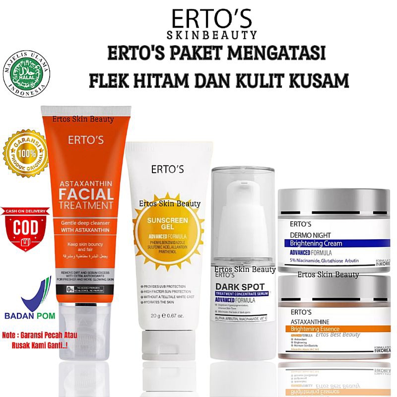 Ertos Skincare Paket Flek Hitam Whitening Dan Kulit Kusam Original ( Ft Astax, Sunscreen, Dark Spot 
