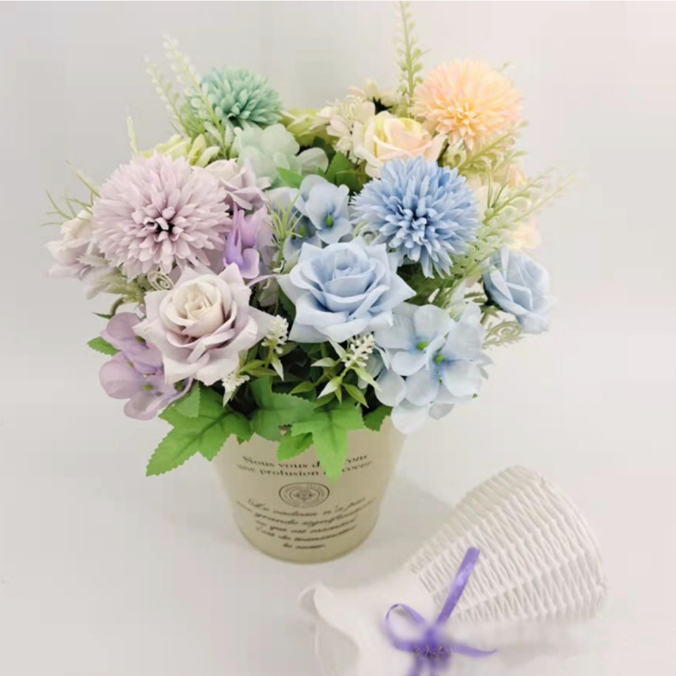 Bunga Rose Buket Warna Pastel Artificial Mawar Plastik Hias Dandelion Pompom