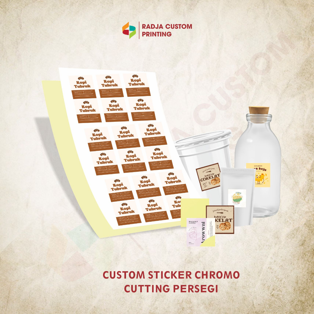 

RADJA CUSTOM CETAK STICKER LABEL CUSTOM KEMASAN BENTUK PERSEGI - STICKER CHROMO SATUAN