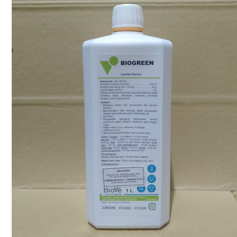 Suplement Hewan Unggas/Merpati/Sapi/Anjing/Babi BIOGREEN SHS 1 LITER