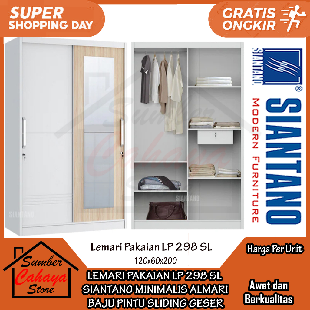 [Kargo] Almari Pakaian Kabinet Baju Siantano Lp 298 Sl 2 Pintu Sliding Sleding Geser Minimalis Lemar