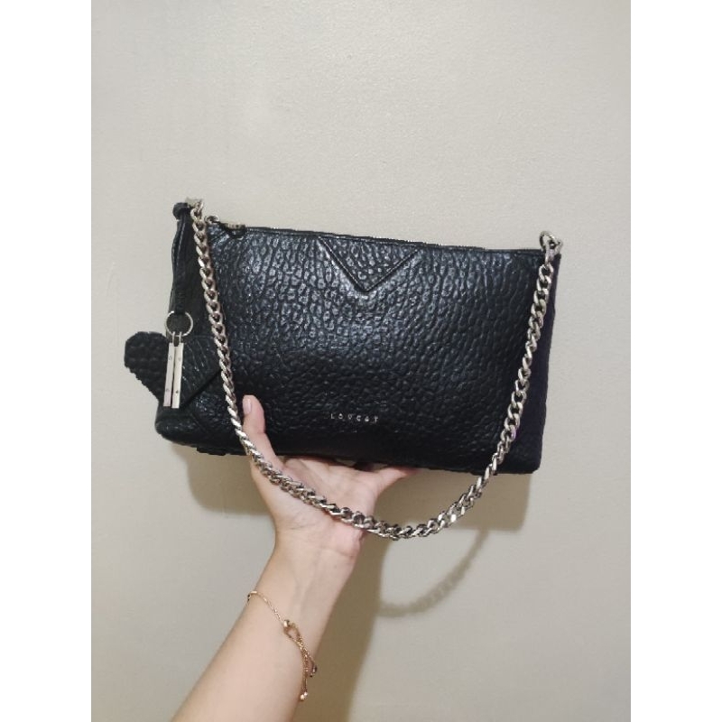Shoulder bag hitam kulit gajah | Tas lovcat rantai kulit asli