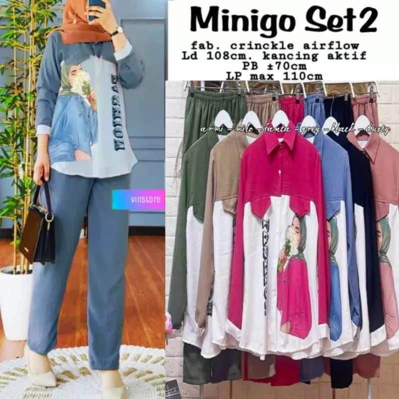 Baju Muslim setelan Minigo Sablon Wanita Terbaru 2023 Kekinian Set Rayon Premium / Setelan Lengan Panjang Murah Terbaru / Baju One Set Jumbo Wanita
