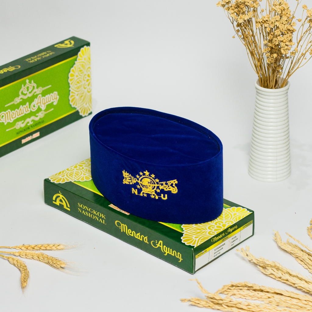 Peci Songkok Kopiah Kopyah Motif Logo Nu Bludru Warna Biru Bordir Kuning Emas Terbaru Kekinian Pria 