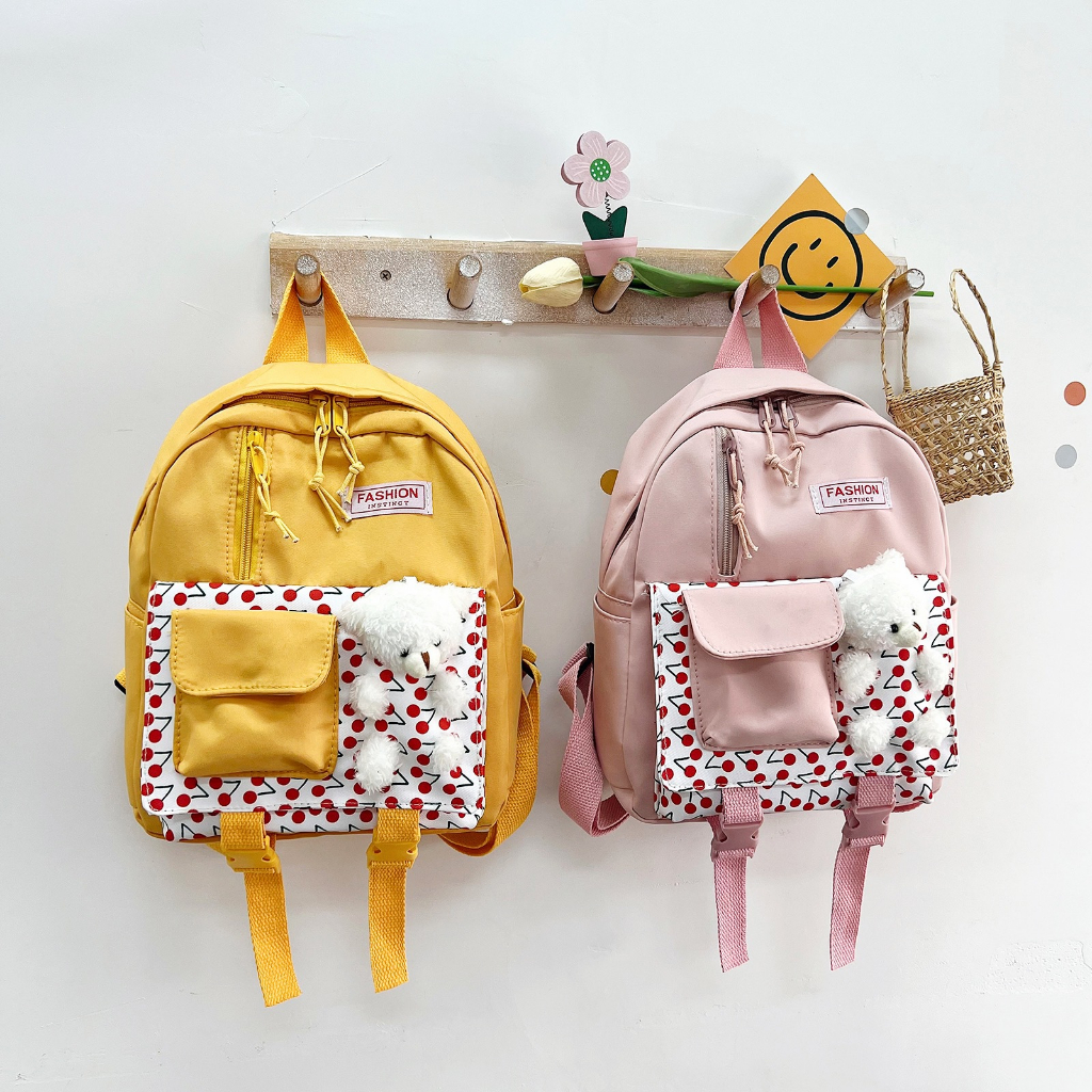 Tas Ransel Anak Remaja Wanita Lucu TK SD Trendy Terbaru 2023 Import Sekolah Fashion Casual Model Korea Boneka Beruang Putih