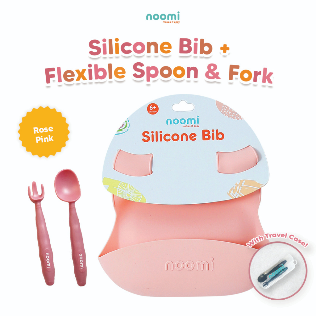 NOOMI Set Sendok Garpu Makan dan Celemek Silikon Anak Noomi - Silicone Bib + Flexible Spoon &amp; Fork