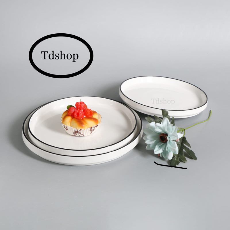 TDSHOP TANITI PIRING KERAMIK MAKAN SAJI PIZZA LIST HITAM POLOS PUTIH