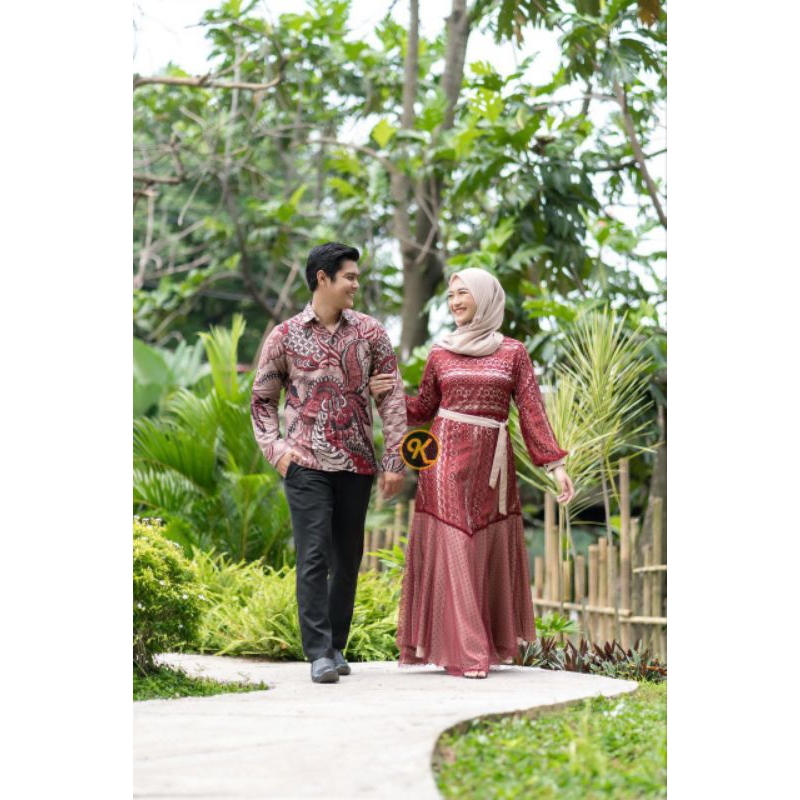 Set Couple Naelam Gamis brokat Kombinasi Tulle Kemeja Batik pria Dress Kondangan