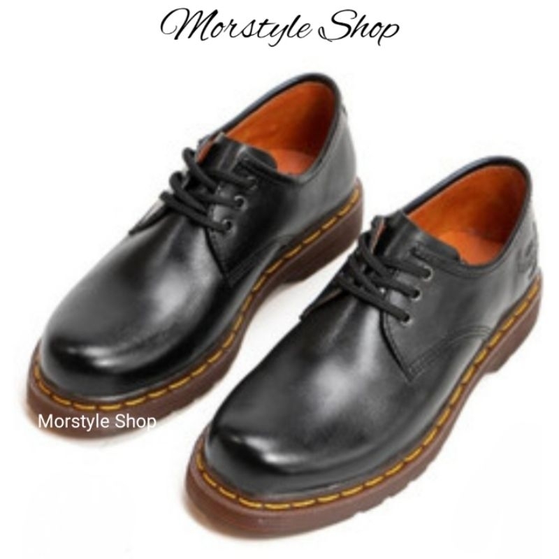 Sepatu Docmart Pria Low Boots Hitam Kulit Asli / Sepatu Dr Martens Dokmar Pendek 3 Hole