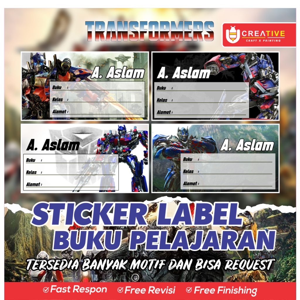 

Sticker / Label Buku Pelajaran Bisa Custom Nama (Isi 20pcs) Tema Transformers
