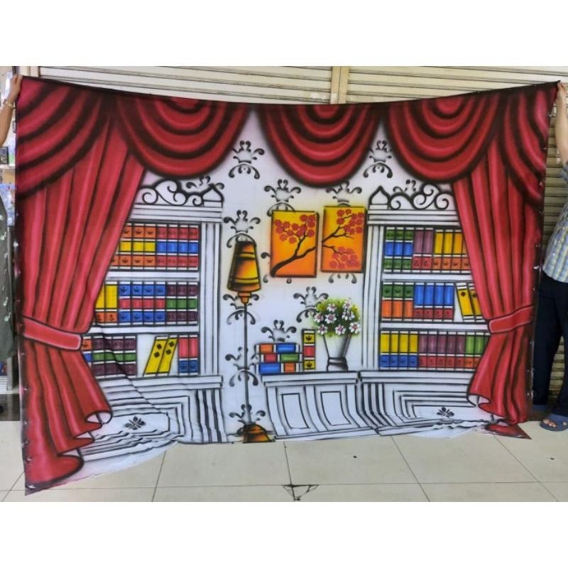 Background foto wisuda model rak buku ukuran 2,5x3mtr, Background latar wisuda