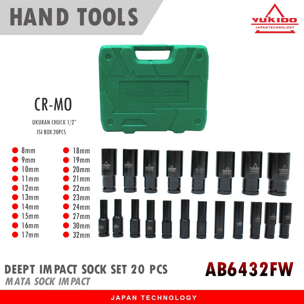 Mata Impact Wrench Socket 20 pcs dan 10 pcs 1/2 Inch Mata Sok Panjang 8mm - 32mm