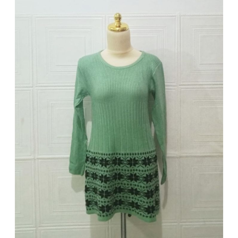 Baju Atasan Wanita Dress Tunik Rajut Lengan Panjang Hijau Mint #83 - Preloved / PL / Thrift