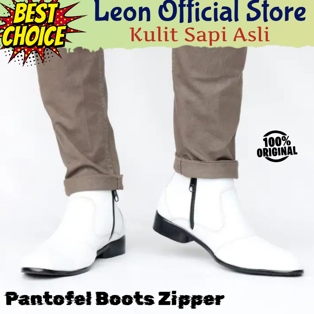 Sepatu Pantofel Putih Tinggi Pria Kulit Asli Original Formal Kerja Kantor Pesta Pantopel Sleting Ker